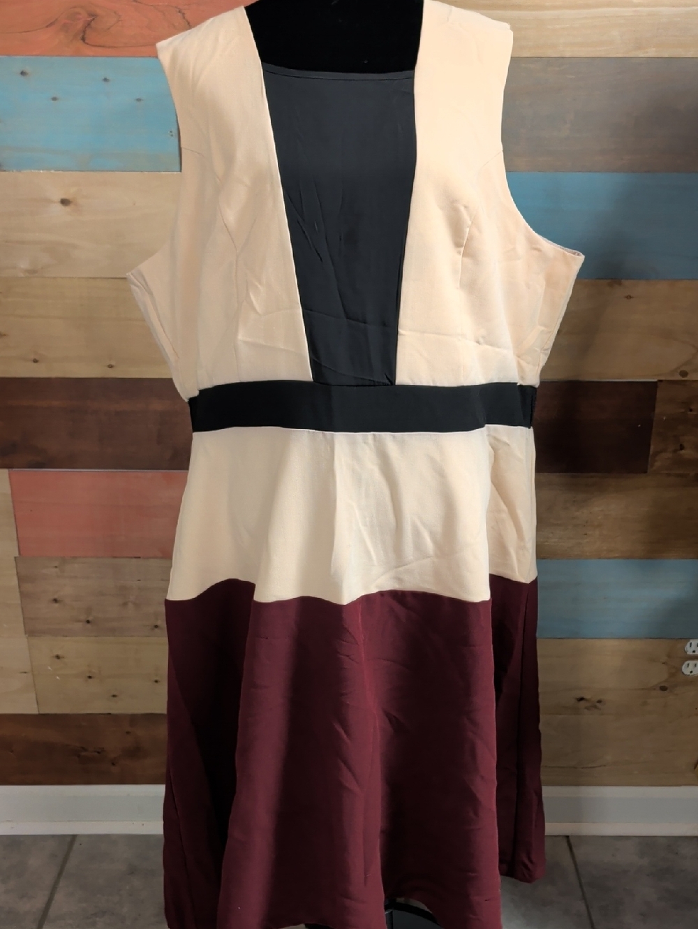 Eloquii Cream, Black & Burgundy Colorblock Midi Dress
